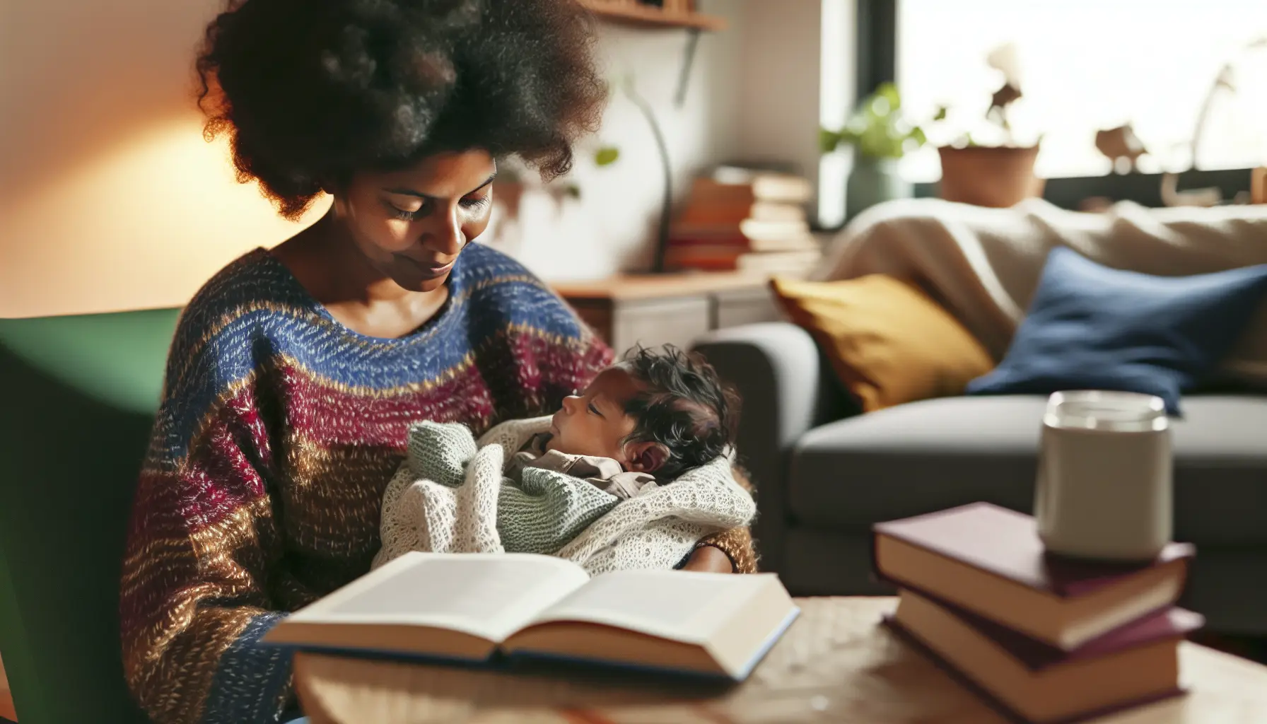 Create an image of a mixed race woman reading a book to her new-born baby, which is cradled in her arms. Create an image of a mixed race woman reading a book to her new-born baby, which is cradled in her arms.